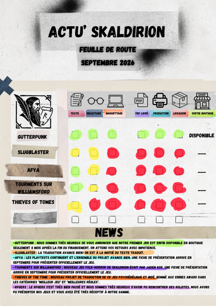 Actu'Skaldirion - Septembre 2026

- Gutterpunk : Nous sommes très heureux de vous annoncer que notre premier JDR est enfin disponible en boutique, seulement 4 mois après la fin du financement. On attends vos retours avec impatience.
- Slugblaster : La traduction avance bien ! On est à la moitié du texte traduit.
- Afya : Les playtests continuent et l'ensemble du projet avance bien. Une fiche de présentation arrive en septembre pour présenter officiellement le projet.
- Tourments sur Williamsford : Nouveau jeu Folk-Horror de Skaldirion écrit par Jaden Kor. Une fiche de présentation arrive en septembre pour présenter officiellement le JDR.
- Thieves of the Tome : Nouveau projet de traduction de ce jeu psychédélique et indé, nommé aux Ennies Award dans les catégories "Meilleur Jeu" et "Meilleures Règles".
- RPGers : Le RPGers s'est très bien passé et nous sommes très heureux d'avoir pu rencontrer des rôlistes. Nous avons pu présenter nos jeux et vous avez été très réceptif à notre gamme.
